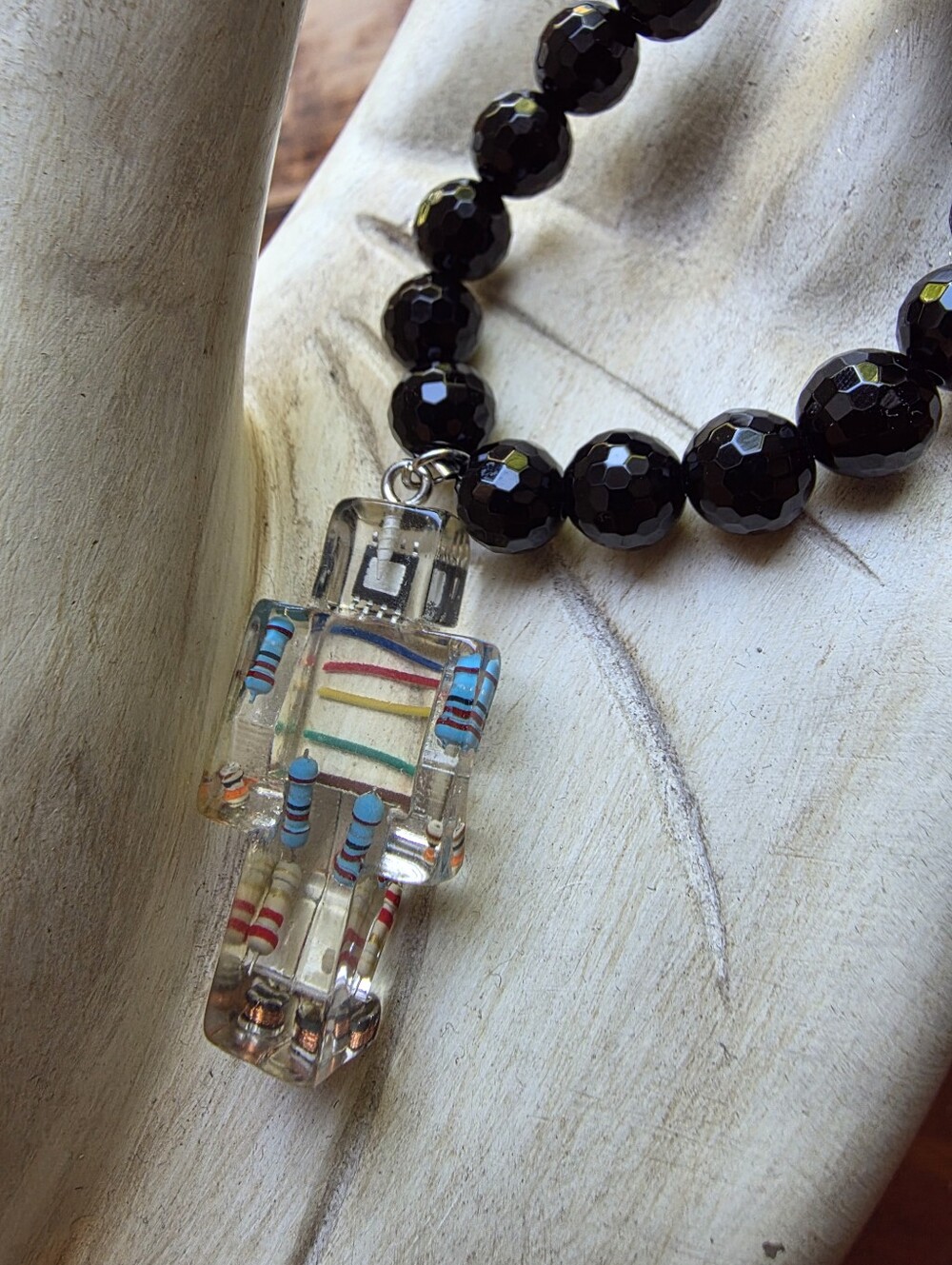 Clear Robot Pendant Necklace with Black Faceted Beads-One Of A Kind🤖